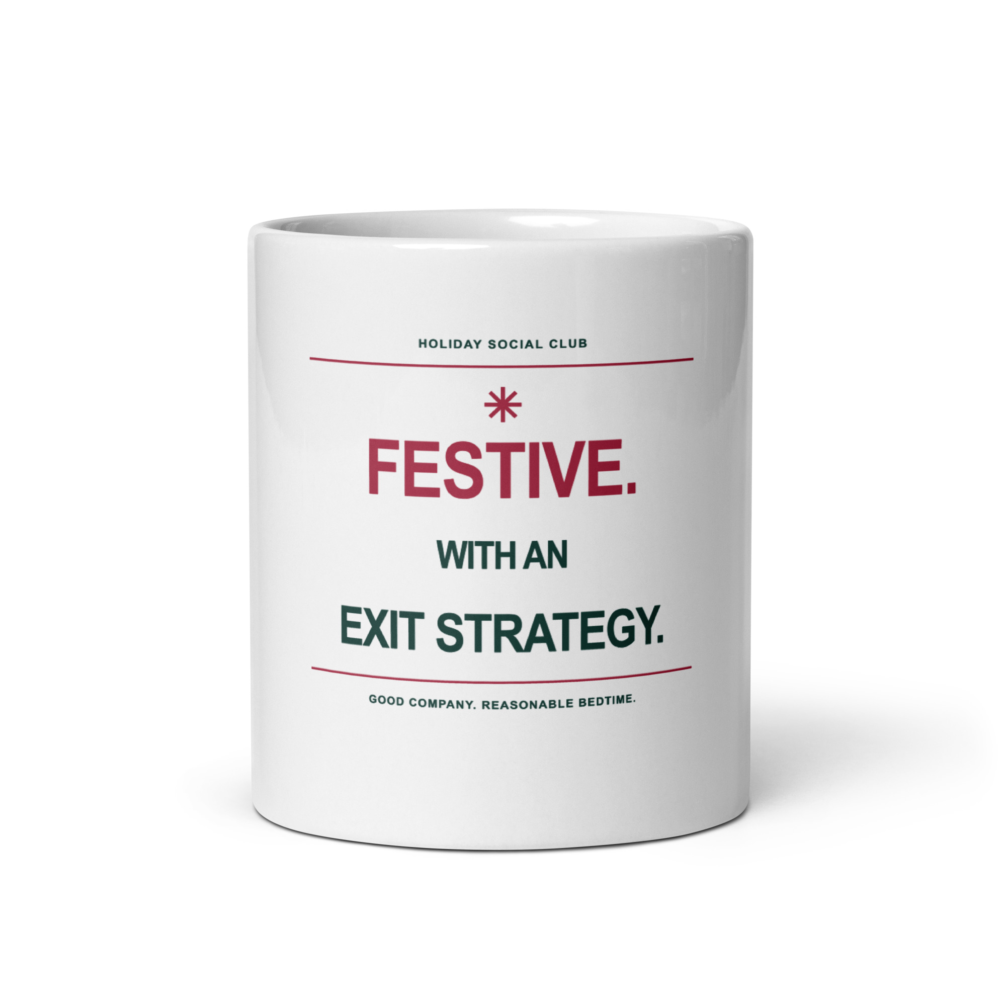 Festive With an Exit Strategy — Christmas Mug, 11 oz